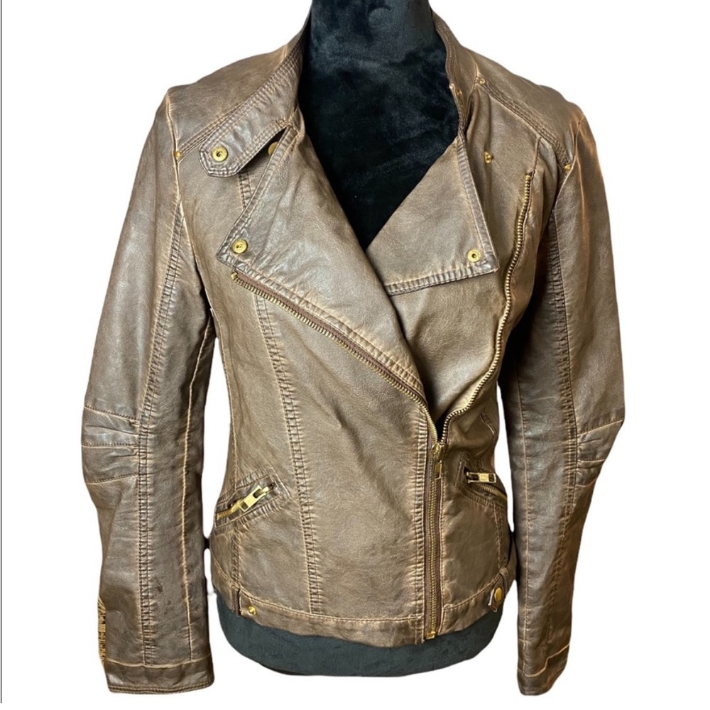 Vintage Brown Distressed Leather Moto Jacket, Size Small